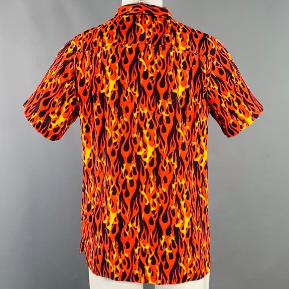 R13 SS20 Size M Orange Yellow Black Flames Viscose One Pocket Short Sleeve Shirt - Picture 4 of 8
